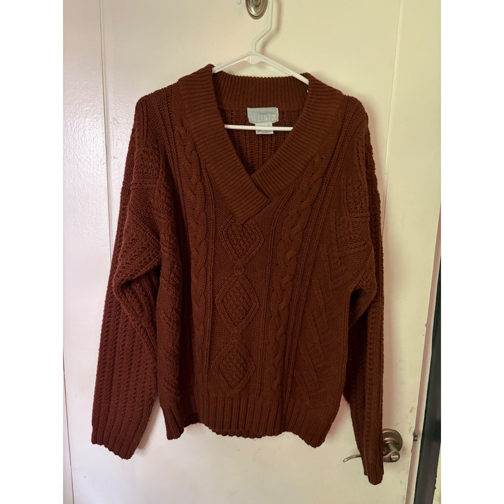 Accent on Vintage Brown Cable Knit Sweater V-Neck Pullover Womens Medium